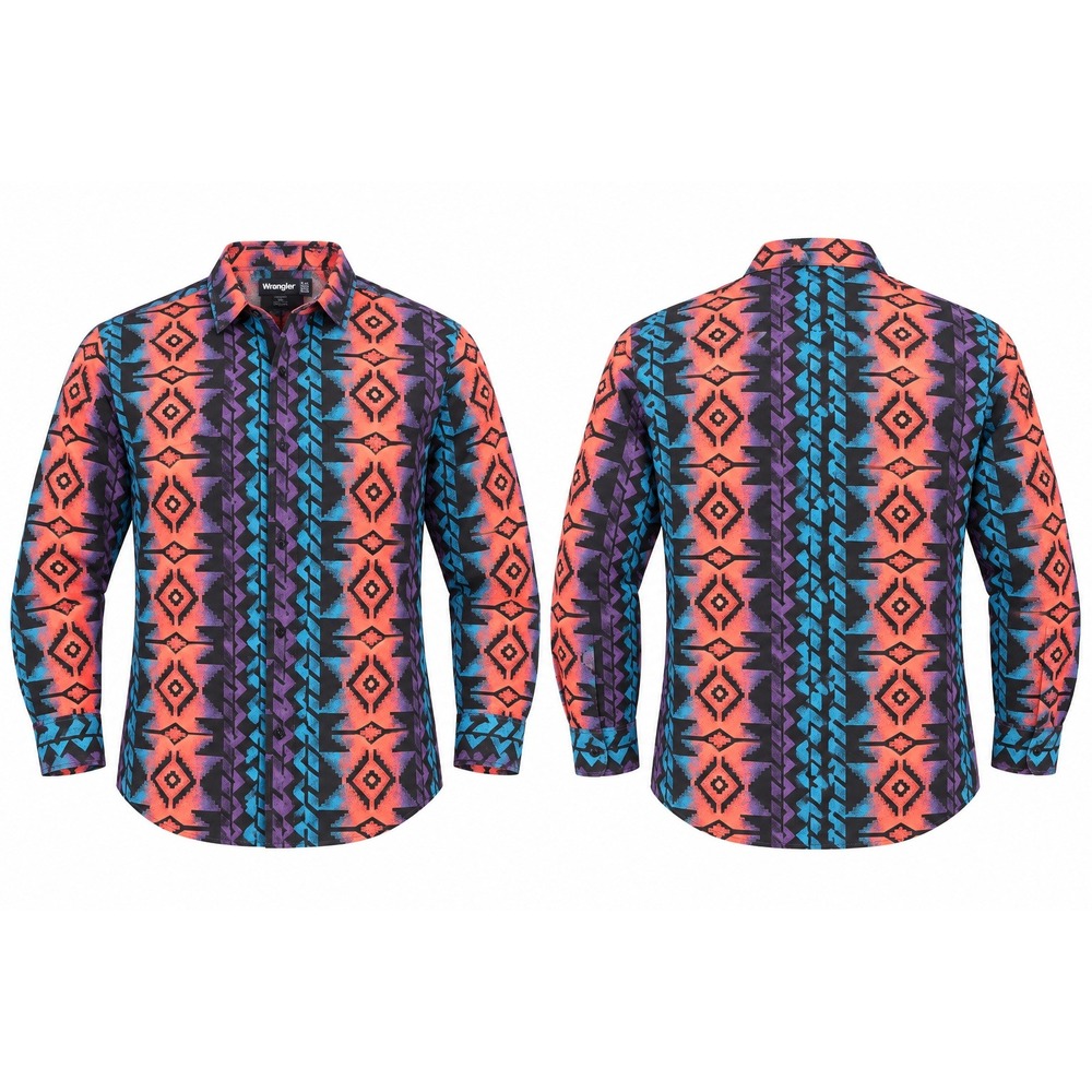 Wrangler Cowboy Cut Western Shirt Mens 17.5-35 XL Long Tails Geometric Aztec
